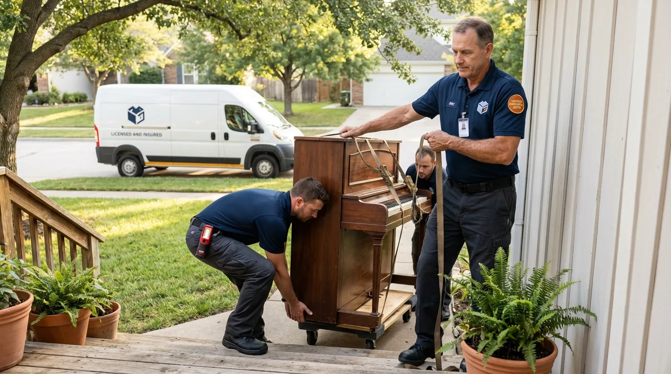 Licensed piano movers securing grand piano in Mondovi, WI