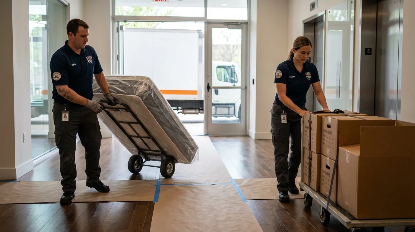 Professional apartment movers loading elevator in Mondovi, WI